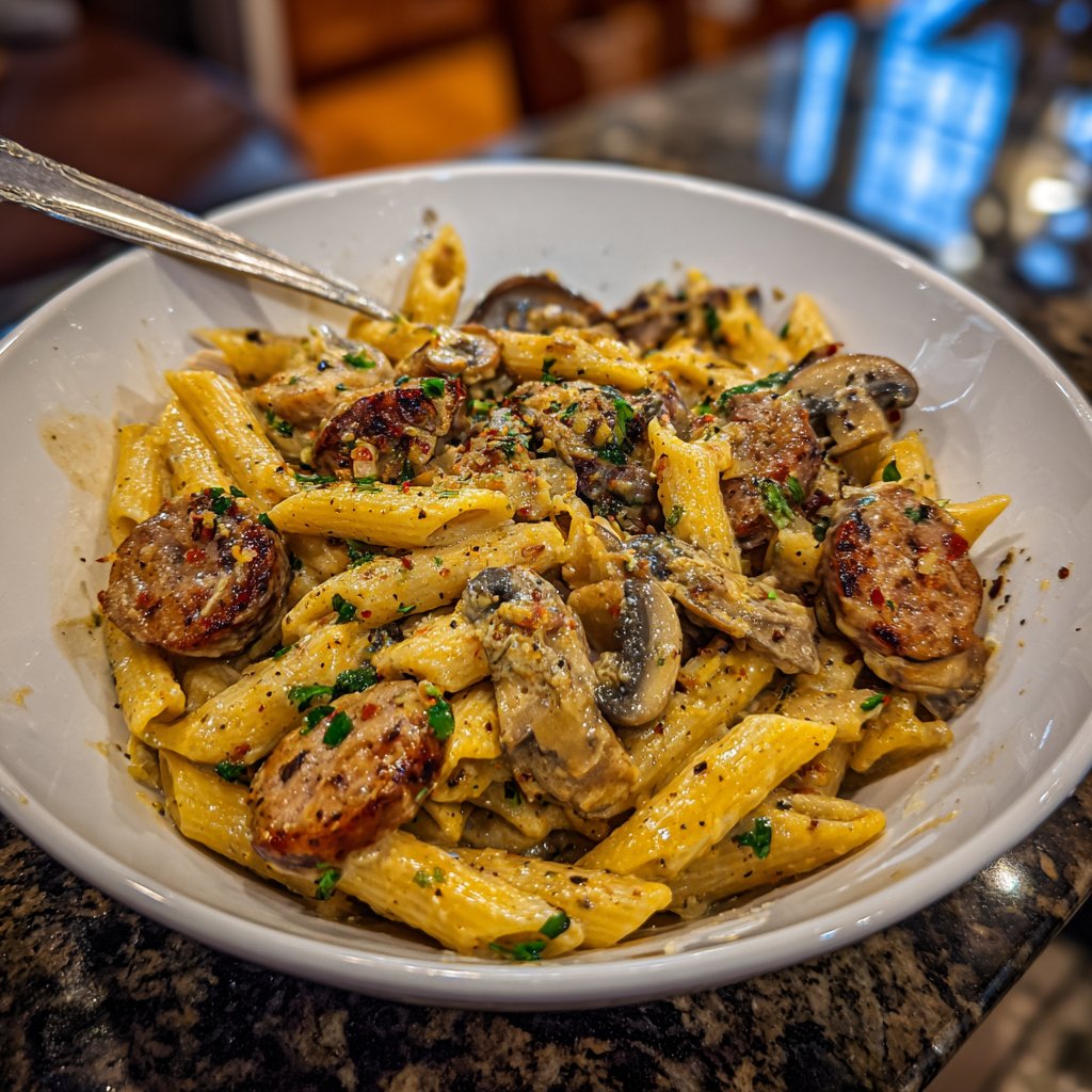 One Pot Creamy Cajun Sausage Pasta with Mushrooms